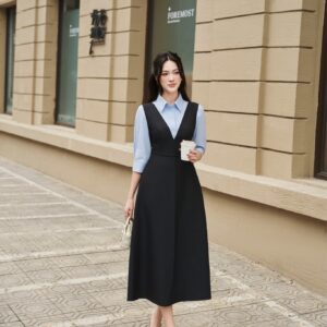 Váy yếm đen dáng dài cổ V thanh lịch – Genzia Luxury.